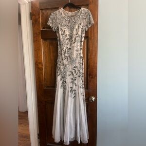 Adrianna Papell Silver Embellished Maxi Gown for Weddings